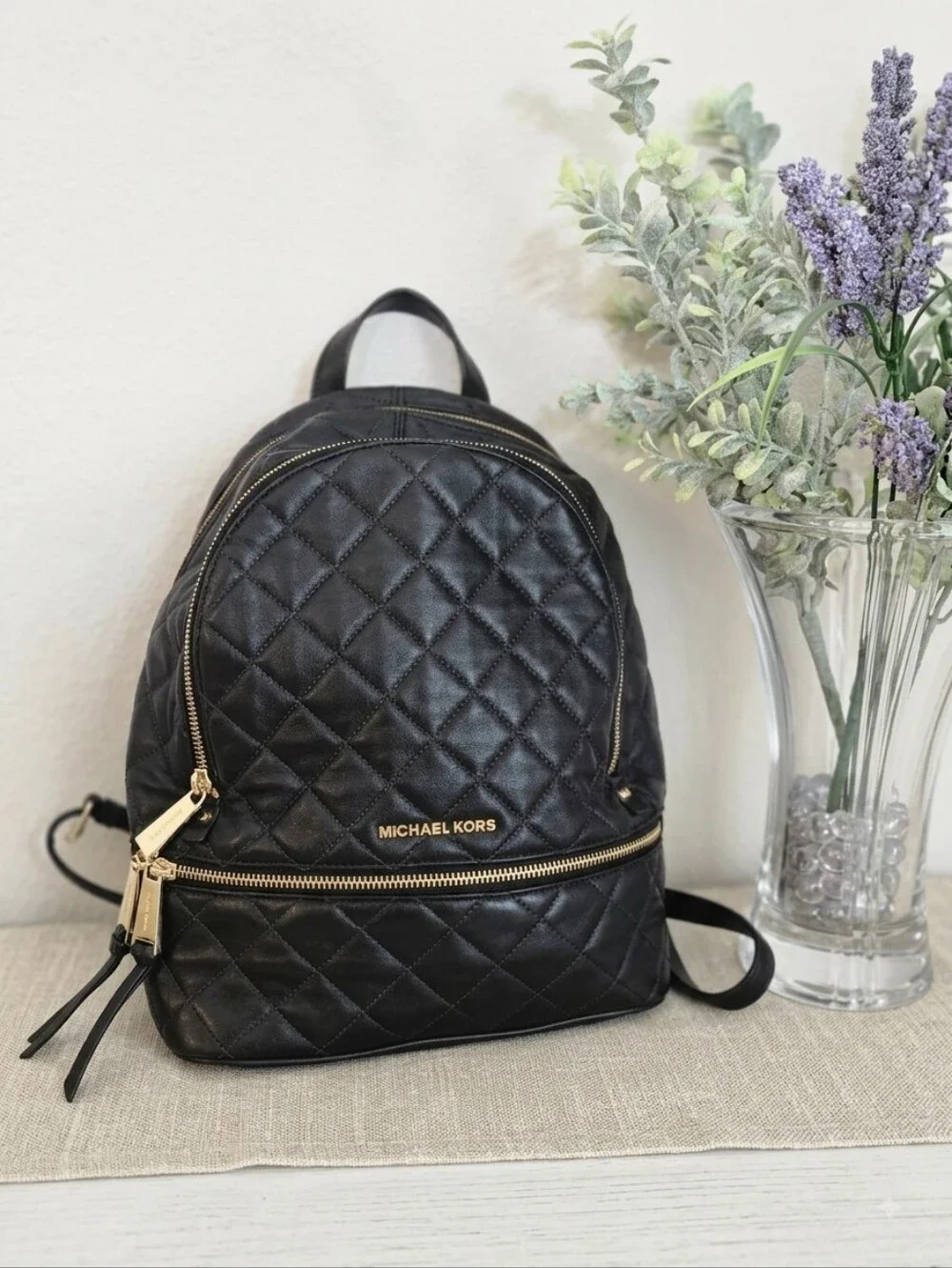 Michael Kors Black Quilted Leather Backpack with Gold Hardware